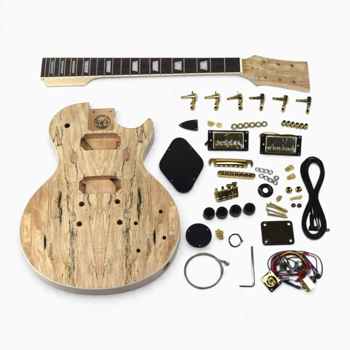 Single cut guitar kit with spalted maple top and gold hardware, all parts laid flat: unfinished body, neck, humbuckers, bridge and solderless wiring