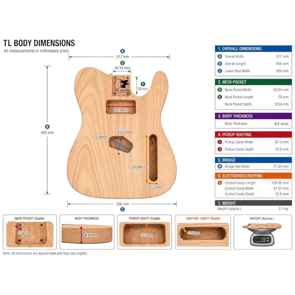 TL-style guitar body dimensions: 317 x 455 mm, 43 mm thick