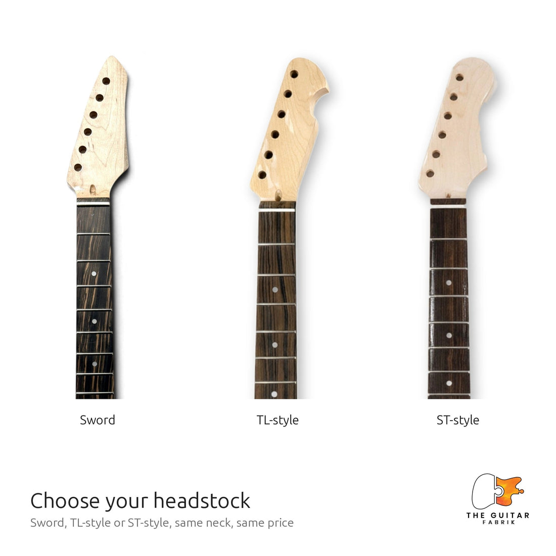 Sword, TL-style and ST-style guitar headstocks side by side