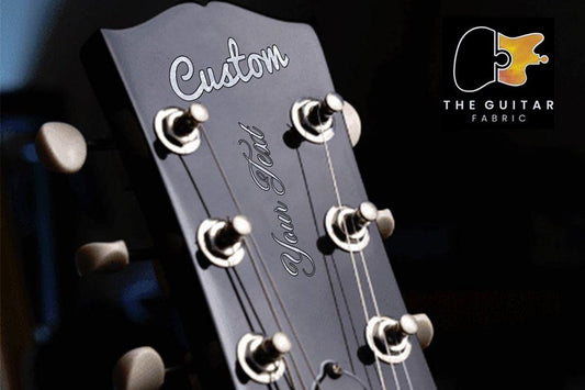 Custom headstock decal on a single cut guitar, a personal gift for a music teacher