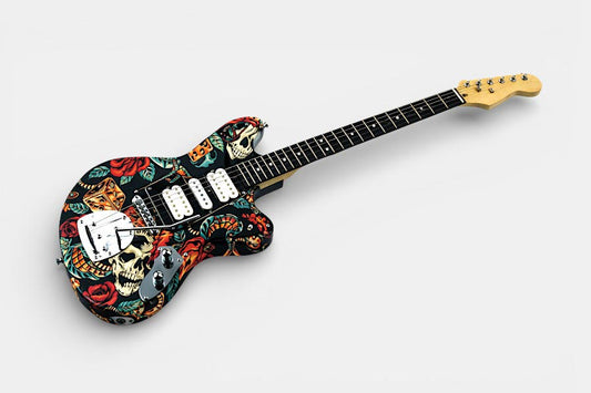 Offset electric guitar wrapped in a skull graphic skin, a Christmas gift idea for musicians