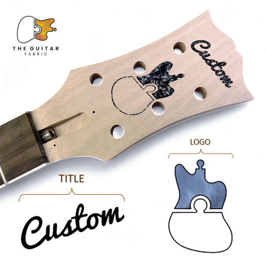 Headstock Decals Custom Single Cut 02 with perpendicular text layout and central logo on wooden headstock