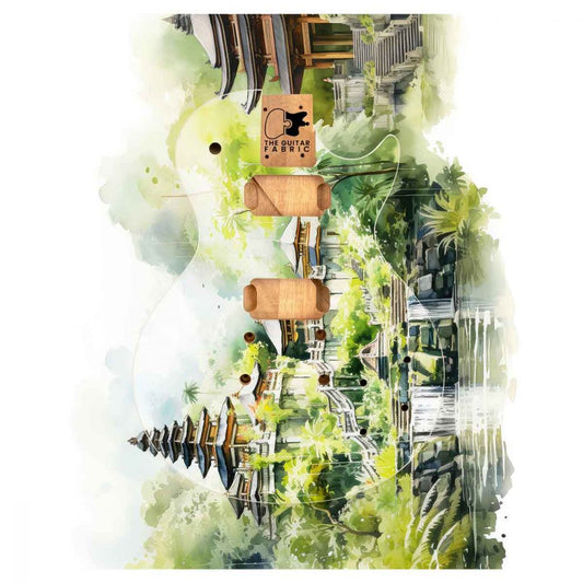 Bali Landscape Guitar Skin displayed vertically showing watercolor village and rice terrace design with tropical palms