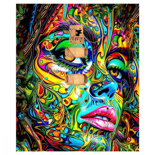 Colored Face guitar skin flat lay showing vibrant neon abstract face design with rainbow swirls and high-gloss finish