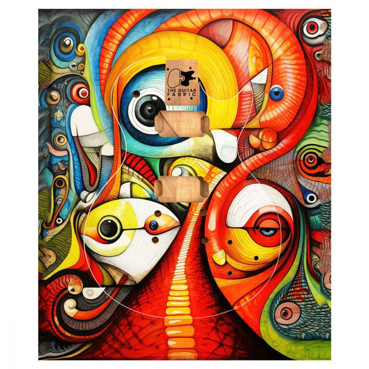 Surrealist Paint Guitar Skin flat sheet with vibrant abstract eye design in red, yellow, blue and orange swirling patterns