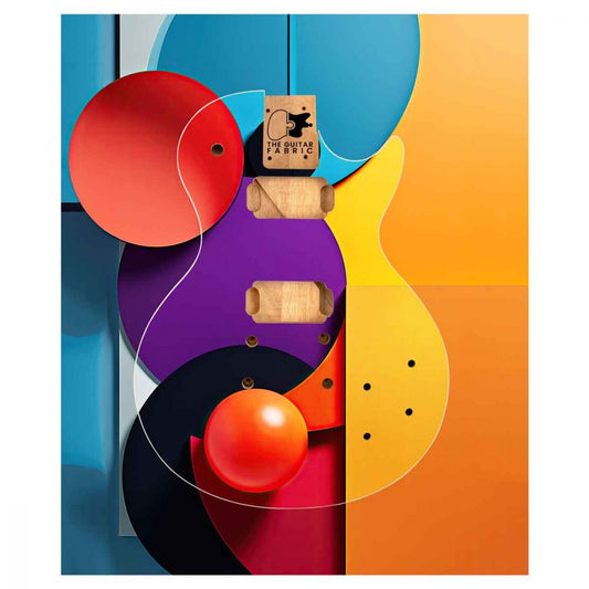 Constructivism Paint Guitar Skin flat lay showing full design with vibrant red, purple, yellow, orange and blue shapes