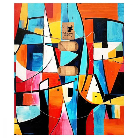 Expressionism Guitar Skin flat layout showing colorful abstract pattern with geometric shapes in red, orange, blue, yellow,