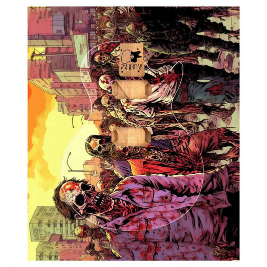 Zombies Guitar Skin flat lay showing full artistic design with undead figures in apocalyptic yellow and red cityscape