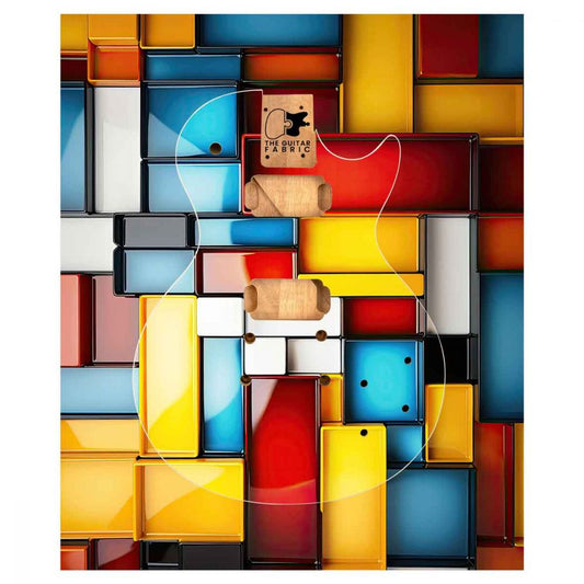 Colored Bricks Guitar Skin flat lay showing vibrant multicolor brick pattern design with high-gloss finish