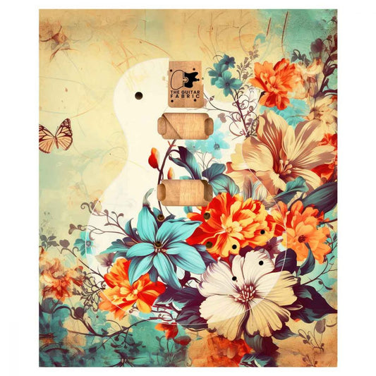 Flower Guitar Skin flat lay showing colorful vintage floral and butterfly design with cream guitar silhouette cutout.