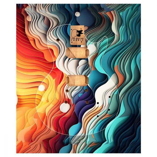 Graphical Wave Guitar Skin flat sheet showing layered paper art design with red, orange, yellow, teal and blue flowing waves