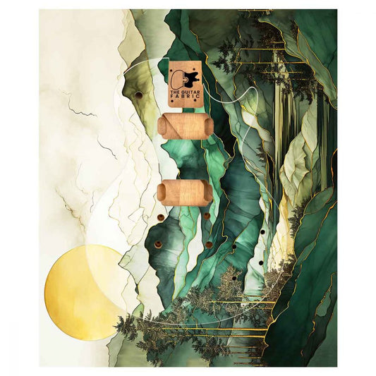 Green Forest Guitar Skin flat lay showing forest landscape design with yellow sun and layered foliage across 50x60cm sheet.