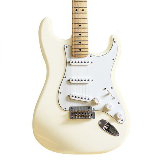 Nitro Spray White Solid Vintage applied to electric guitar body shown in front view with cream finish
