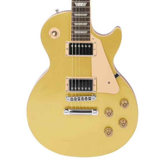 Yellow solid gloss nitrocellulose spray applied to Les Paul Junior guitar body, front view showing custard yellow finish