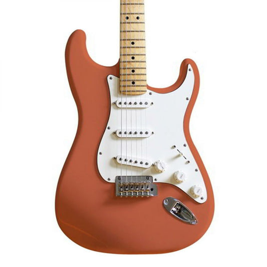 Stratocaster guitar body finished in Orange Solid ReRanch Coral nitrocellulose lacquer with white pickguard