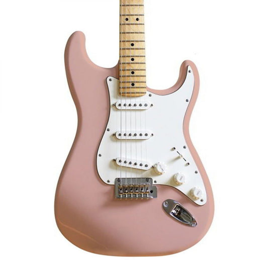 Solid Shell Pink nitrocellulose spray finish on electric guitar body with white pickguard, 1956 Fender style