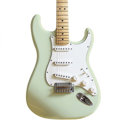 Nitro Spray Green Solid Surf applied to Stratocaster body with white pickguard and maple neck