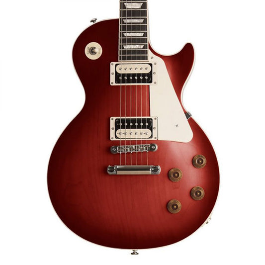 Nitrocellulose Spray Red front view of Gibson-style electric guitar with deep red finish and cream pickguard