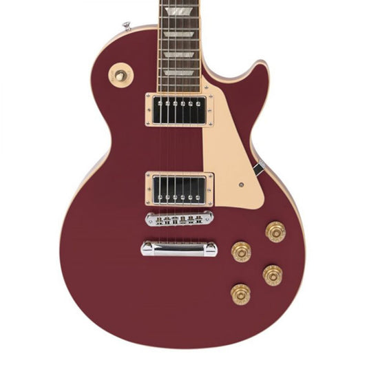 Gibson-style electric guitar with solid cherry red nitrocellulose finish on body and neck