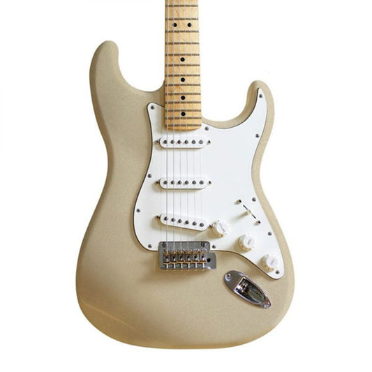 Fender Stratocaster guitar body finished in Metallic Shoreline Gold nitrocellulose spray, front angled view