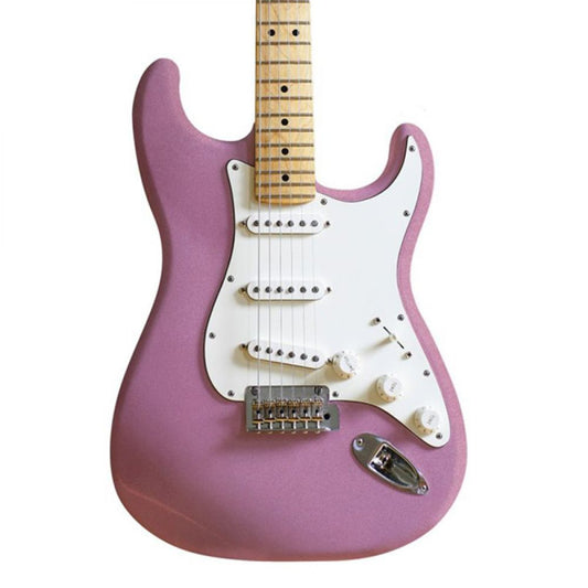 Electric guitar with metallic burgundy mist pink nitrocellulose lacquer finish, front angled view showing body and maple neck
