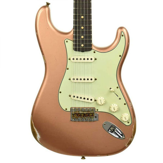 Copper Metallic nitrocellulose spray finish shown on electric guitar body with reddish-brown metallic sheen