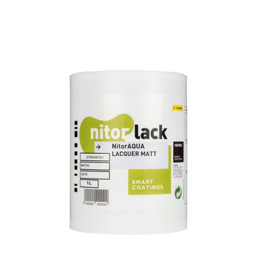 White 1L can of Nitor Lacquer Matt waterbase varnish with green label, front view showing product name.