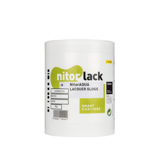 White 1L container of Nitor Lacquer NitorAQUA waterbase gloss finish with Smart Coatings branding and product specifications