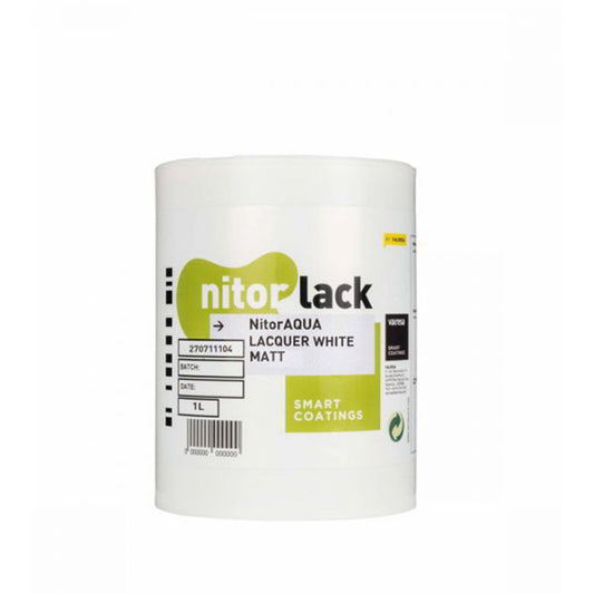 White 1L can of Nitor Lacquer NitorAQUA white matte waterbase varnish for guitar finishing, front label view
