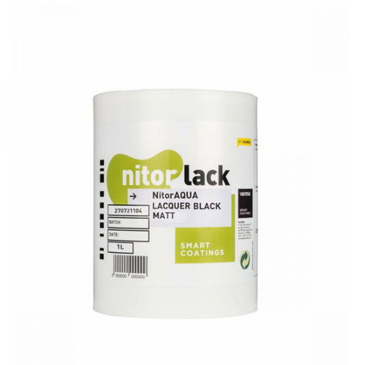 White 1L container of NitorAqua waterbase black matt lacquer with product label and barcode visible front-facing.