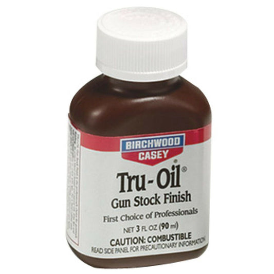 Tru Oil 90mL bottle front label with white cap and dark amber oil visible through glass