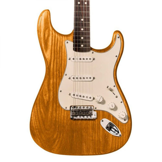 Orange-tinted guitar body showing wood grain finish applied with solvent dye