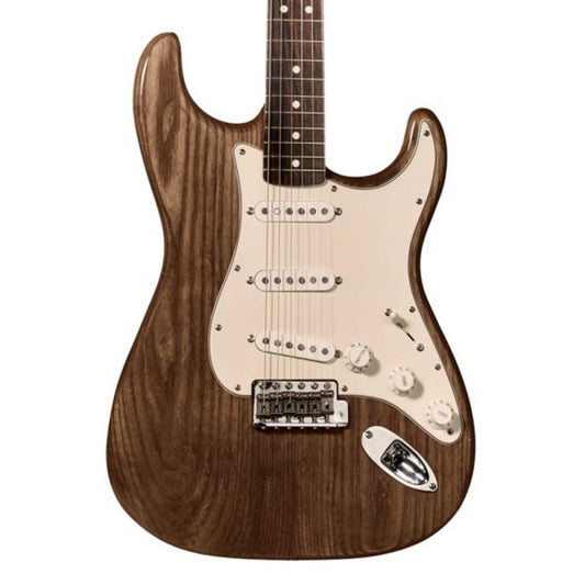 Guitar body finished with walnut dye showing rich wood grain and color depth
