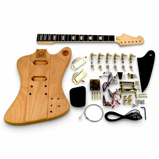 DIY Electric Guitar Kit FB components laid flat including mahogany body, maple neck, pickups, and hardware