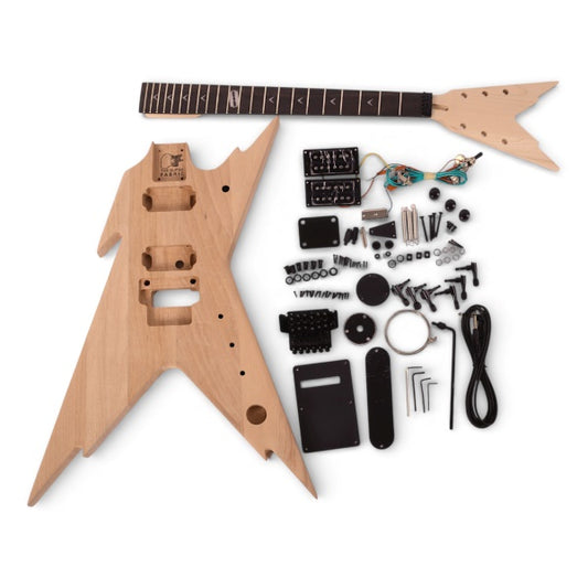 DIY Guitar Kit Dean Razorback complete assembly with unfinished solid mahogany body, mahogany neck with ebony fretboard, and all hardware components  in black colour laid flat
