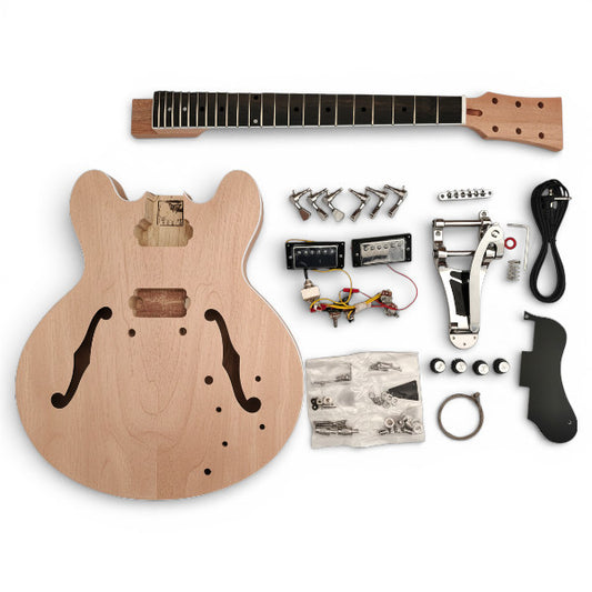 DIY Guitar Kit ES Bigsby all components laid flat including semi hollow mahogany body, mahogany neck with rosewood fretboard, bone nut, chrome hardware, pickups, and solderless wiring.