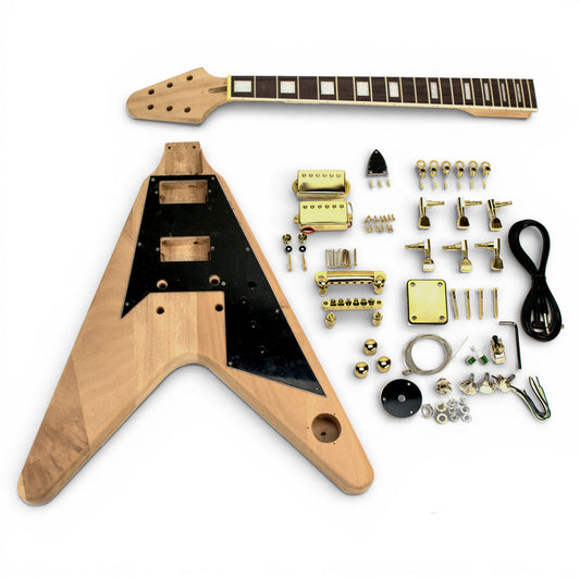 FV Mahogany Guitar Kit with all components including mahogany neck with rosewood fretboard, solid mahogany body, hardware in gold finish, and electronics displayed flat