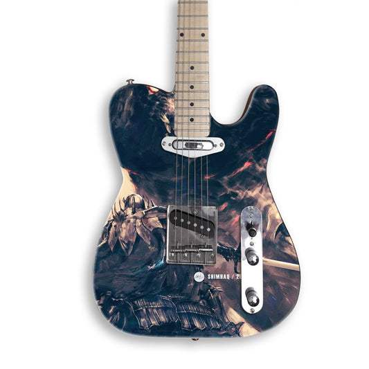 Armoured Knight Versus Beast guitar skin on a black Tele-style guitar