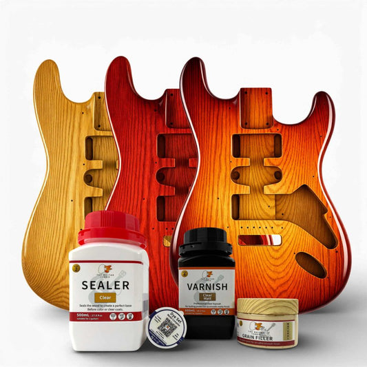 Ash Finish Kit with three finished guitar bodies in yellow, red, orange tones and sealer, varnish, grain filler bottles.