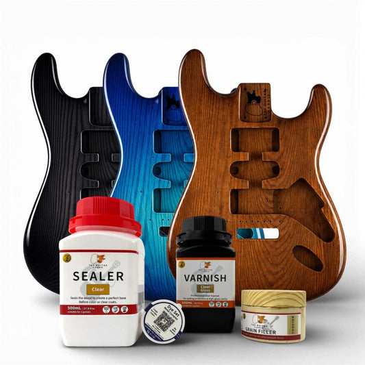 Ash Translucent Finish Kit with three guitar body finishes, sealer, varnish, and grain filler bottles displayed.