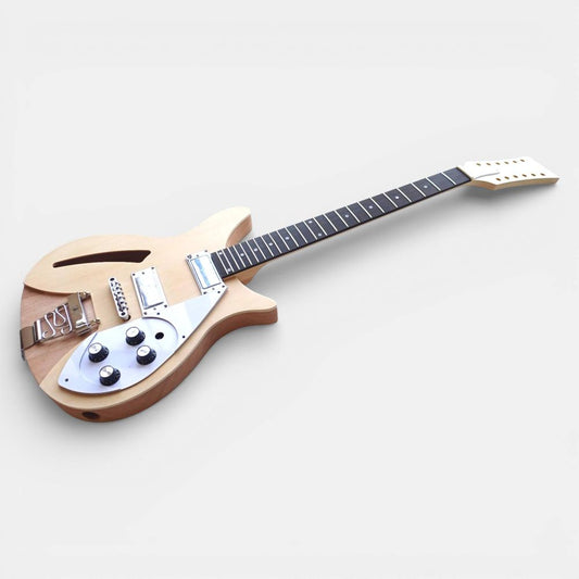 Complete assembled 12-strings guitar angled overhead view with full maple neck and all hardware mounted