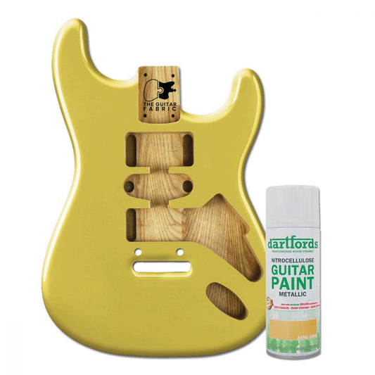Nitro Spray Metallic Aztec Gold 400ml can beside yellow-finished electric guitar body demonstrating color lacquer result.