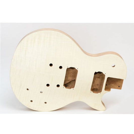 LP Flame Mahogany guitar body front view with routed pickup cavities, bridge routing, and control holes visible