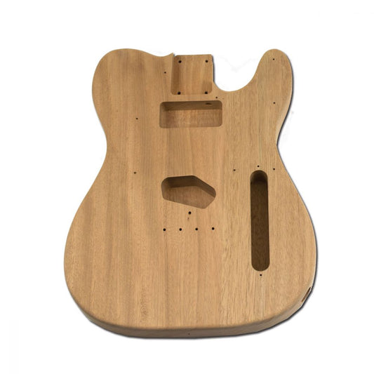 TL mahogany guitar body front view showing routed pickup and bridge cavities, unfinished