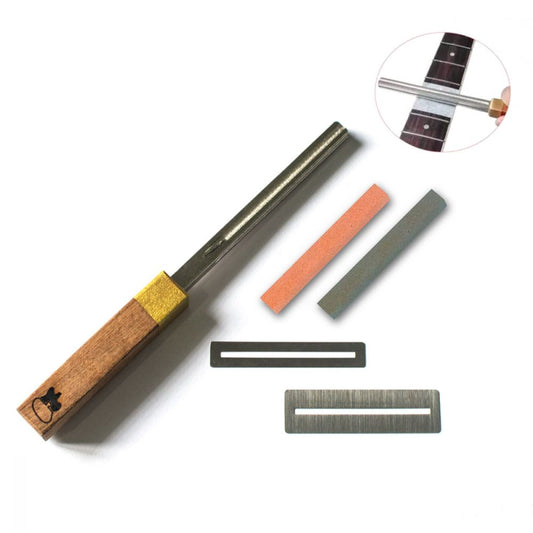 Fret Crowning File set with metal tool, sandpaper bars, and metal covers displayed on white background