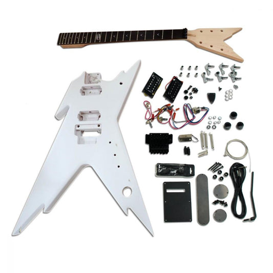 Dean Razorback guitar kit flat lay with unpainted body, maple neck, and hardware components organized by type