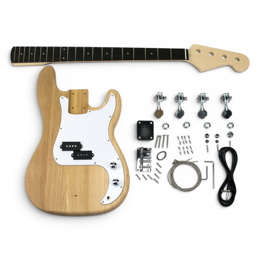 bass kit Precision includes solid ash body with white pickguard, maple neck with ebony fretboard, chrome hardware with solderless electronic parts.