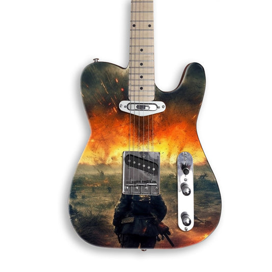 Battlefield Inferno Soldier guitar skin on a black Tele-style guitar