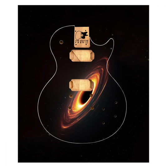 Black Hole Guitar Skin with glowing orange vortex design centered on semi-hollow body guitar against starry background