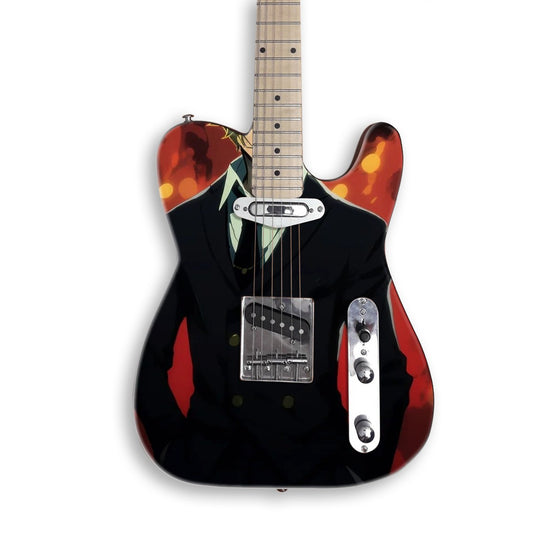Blond Suited Fighter guitar skin on a black Tele-style guitar